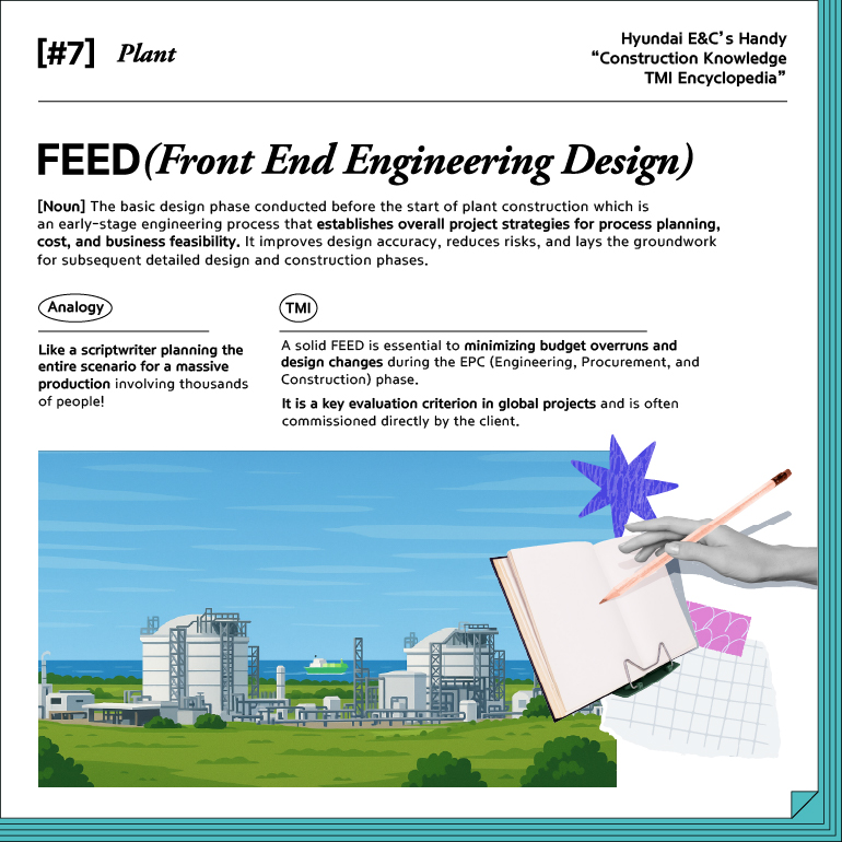 #7 Plant FEED (Front End Engineering Design) [Noun]  The basic design phase conducted before the start of plant construction which is an early-stage engineering process that establishes overall project strategies for process planning, cost, and business feasibility. It improves design accuracy, reduces risks, and lays the groundwork for subsequent detailed design and construction phases. Analogy Like a scriptwriter planning the entire scenario for a massive production involving thousands of people! TMI A solid FEED is essential to minimizing budget overruns and design changes during the EPC (Engineering, Procurement, and Construction) phase. It is a key evaluation criterion in global projects and is often commissioned directly by the client. 
